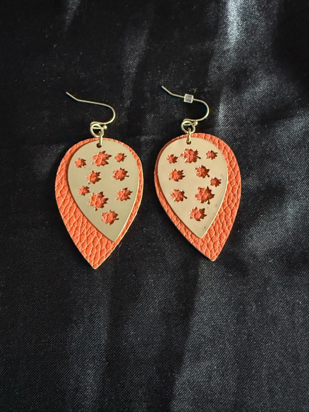 Gold and Orange Leaf Cutout Teardrop Earrings - Women Jewelry